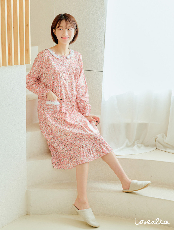 (여성) 드로잉꽃 고밀도면 긴팔원피스 잠옷 핑크