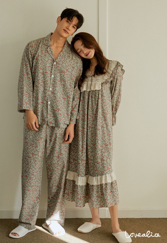(커플) 메이블루 면레이온 긴팔원피스 커플잠옷