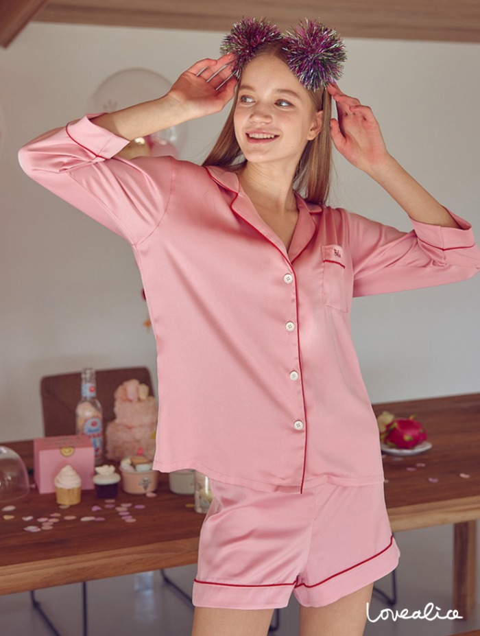 (여성) 샤이니 실크샤틴 카라긴팔반바지 상하잠옷 핑크