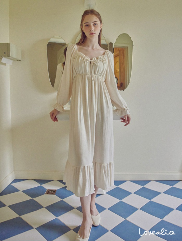 (여성) 에밀리 면레이온 긴팔원피스 잠옷 크림
