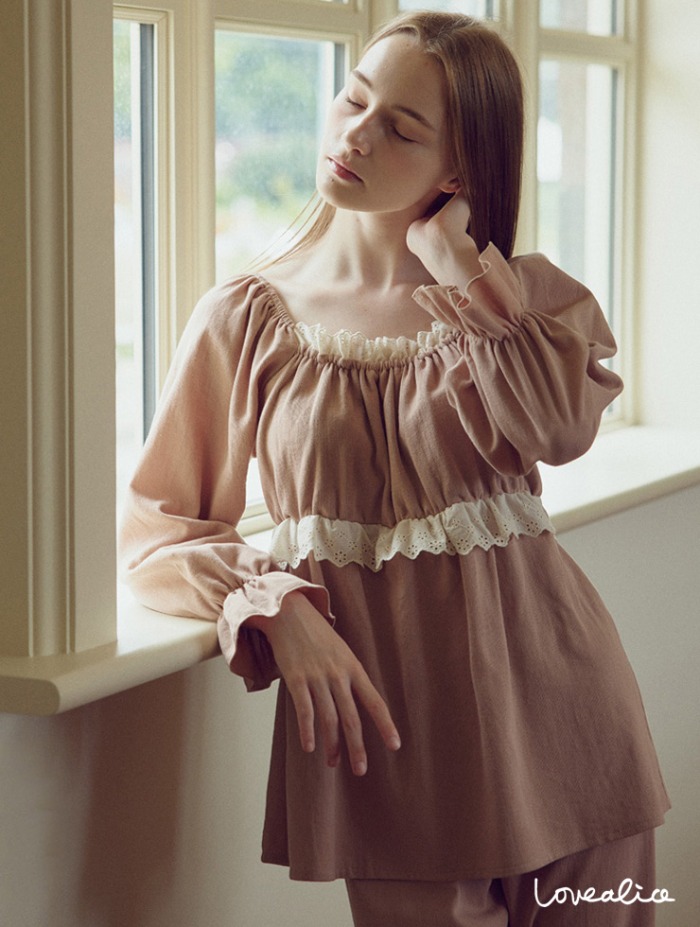 (여성) 릴리안 바이오가공 면 긴팔상하 잠옷 핑크브라운