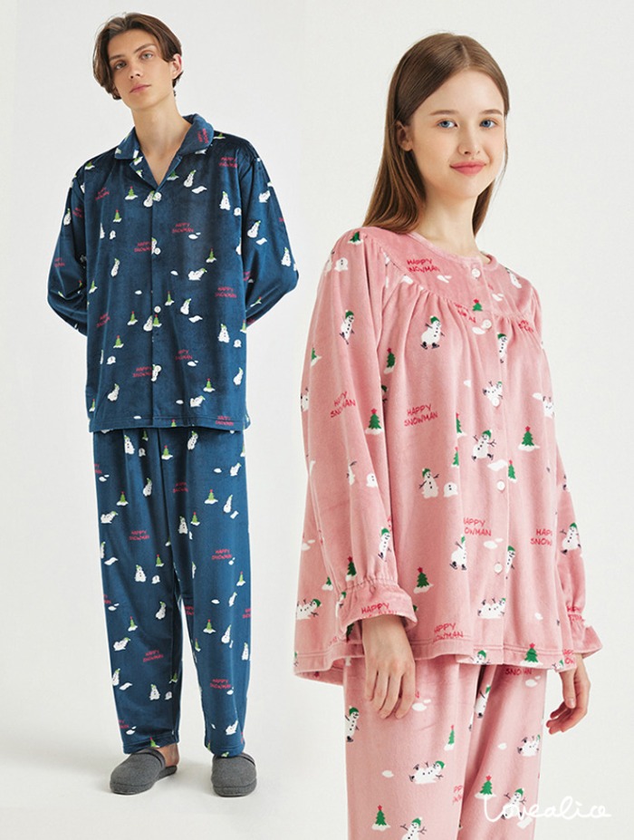 (커플) 스노우맨 양면극세사 수면 긴팔상하 잠옷