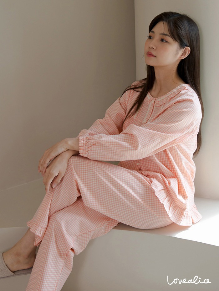 (여성) 디체크 바이오가공 선염면 긴팔상하 잠옷 핑크