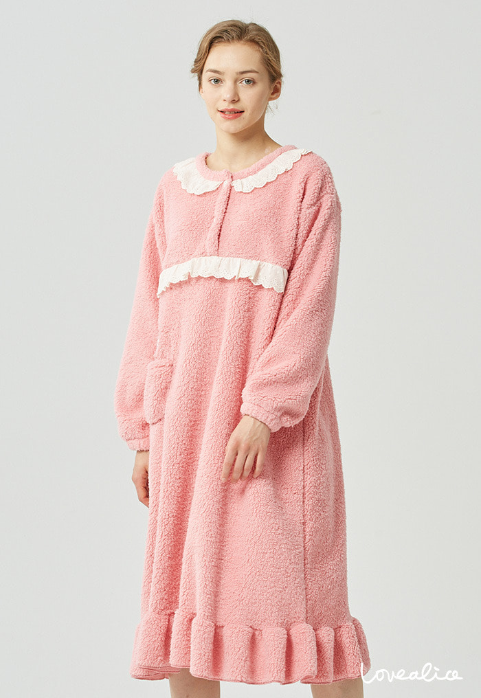 (여성) 뽀숭이 양털 헬로키티 수면 긴팔원피스 잠옷
