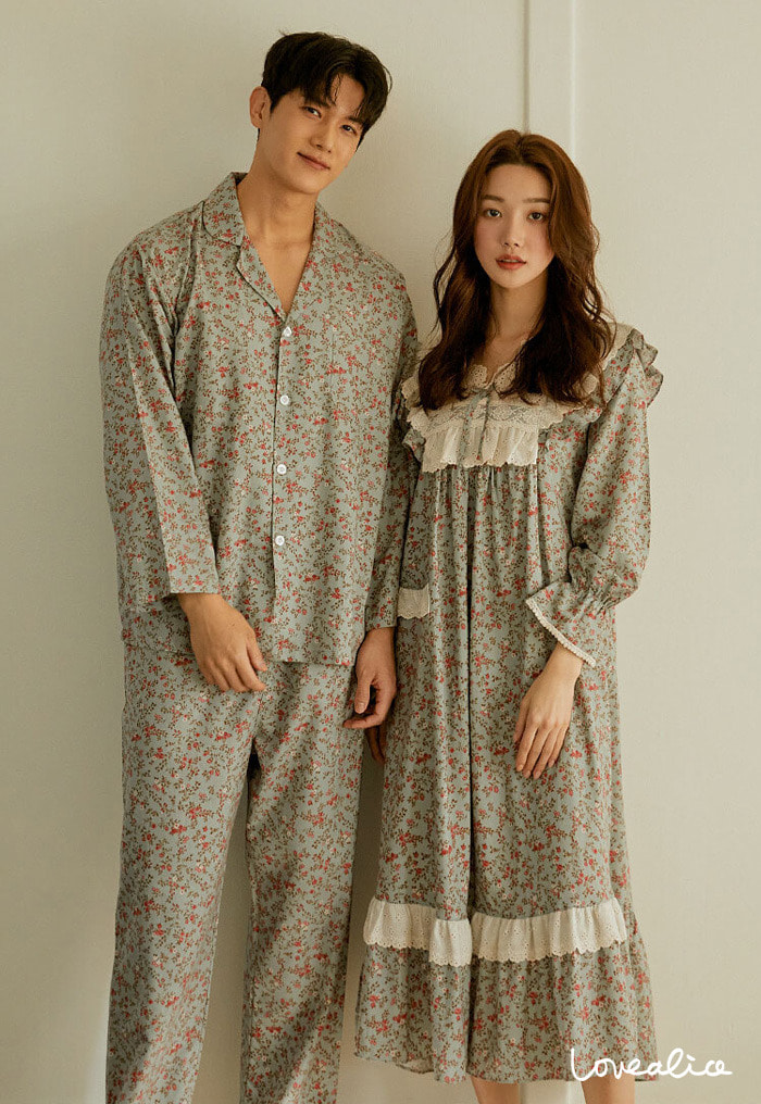 (커플) 메이블루 면레이온 긴팔원피스 커플잠옷