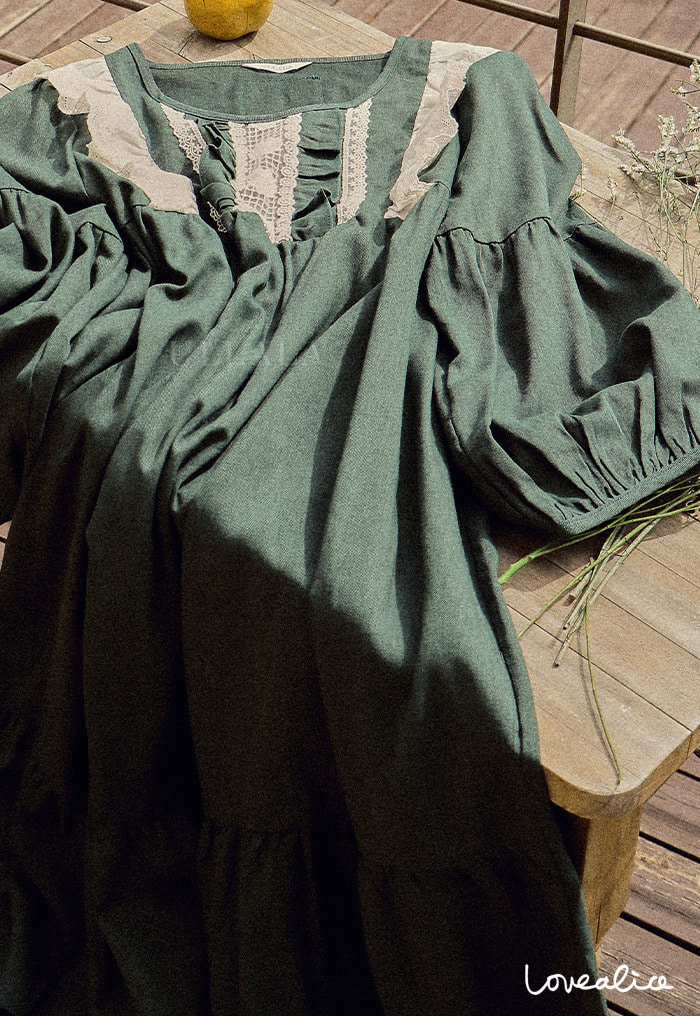 (여성) 앤의 선물 면레이온 긴팔원피스 잠옷 딥그린