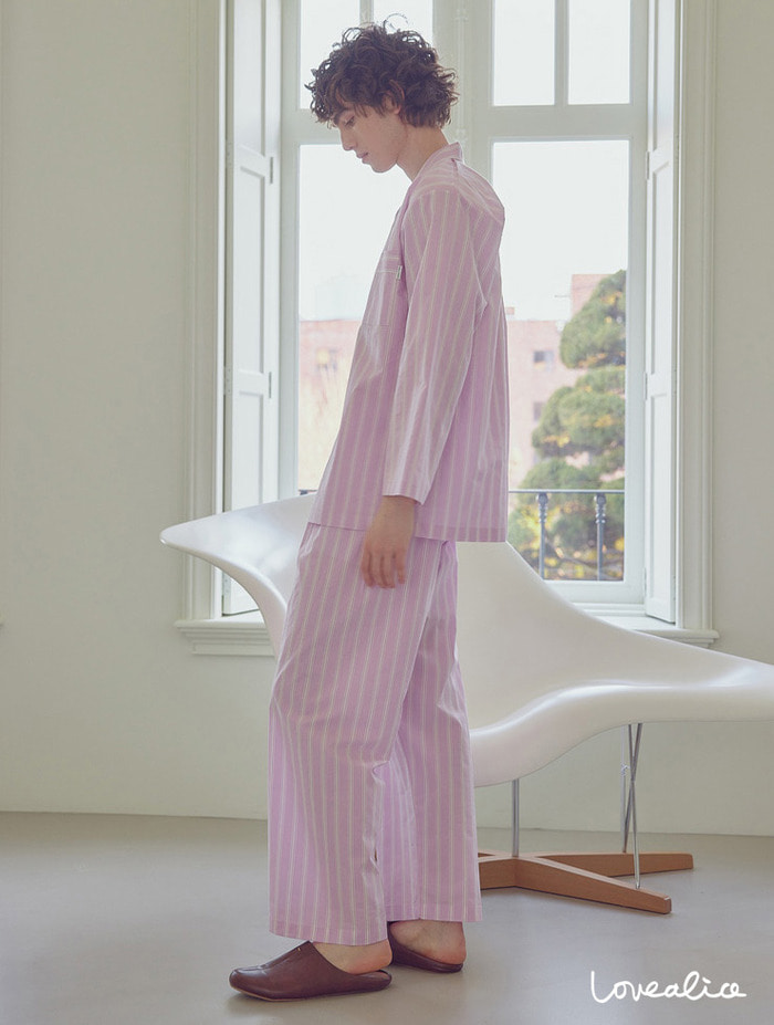 (남성) 페노미노 순면 카라 긴팔상하 잠옷 핑크 (60수)