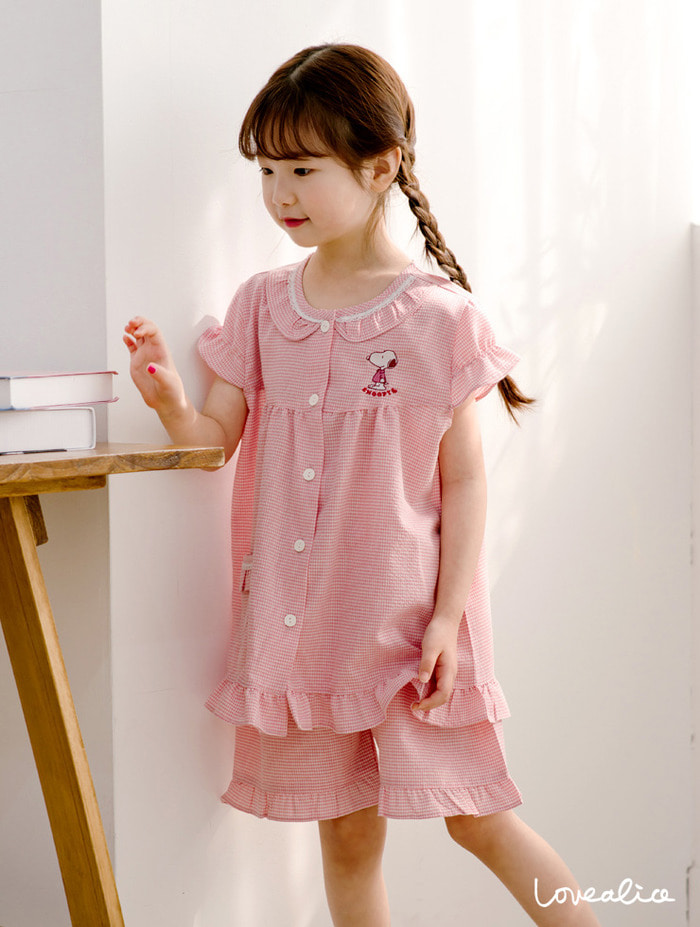 (여아동) 스누피 미니체크 면혼방 반팔상하 아동잠옷