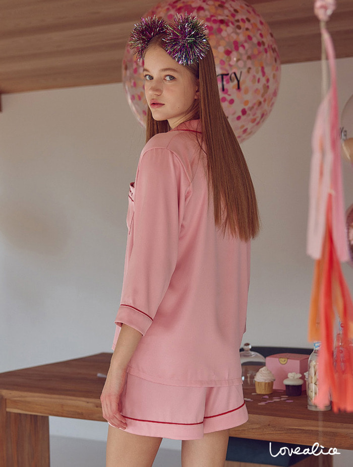 (여성) 샤이니 실크샤틴 카라긴팔반바지 상하잠옷 핑크