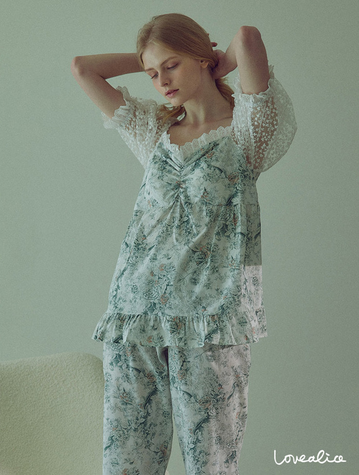 (여성) 와일드로즈 퍼프 면 반팔상하 잠옷 그린