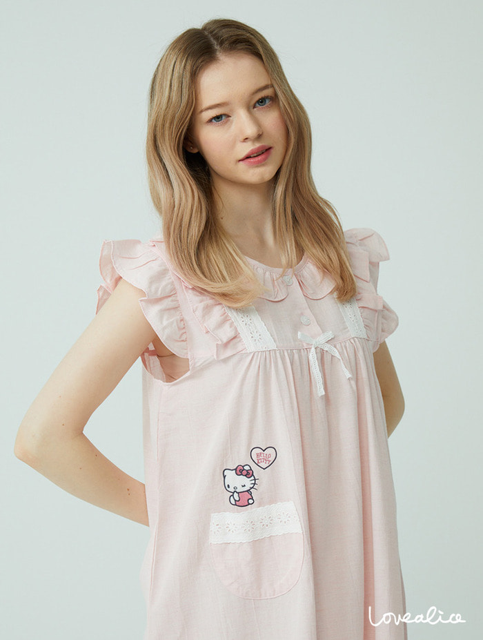 (여성) 러블리 헬로키티 면모달 반팔원피스 잠옷 핑크