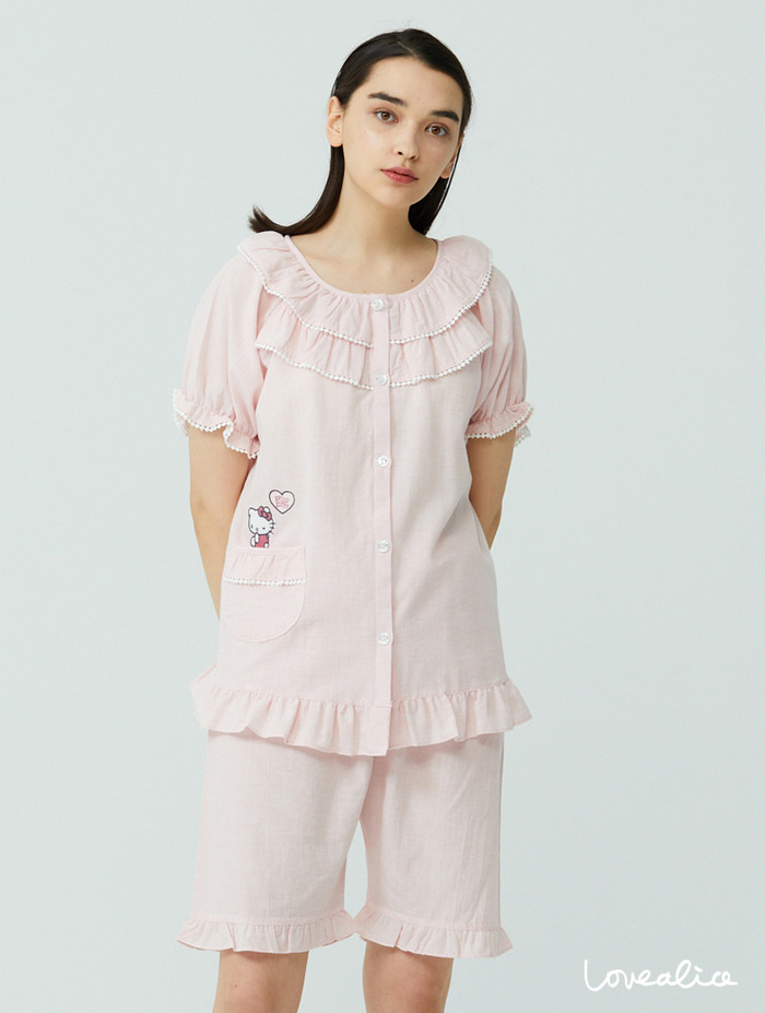 (여성) 러블리 헬로키티 면모달 반팔상하 잠옷 핑크