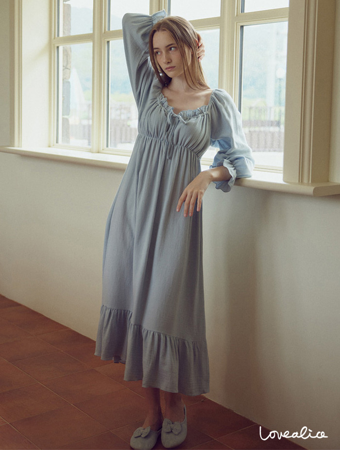 (여성) 에밀리 면레이온 긴팔원피스 잠옷 블루