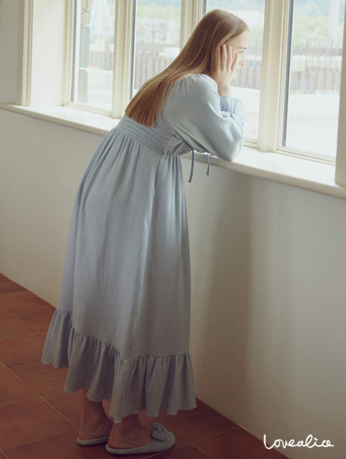 (여성) 에밀리 면레이온 긴팔원피스 잠옷 블루