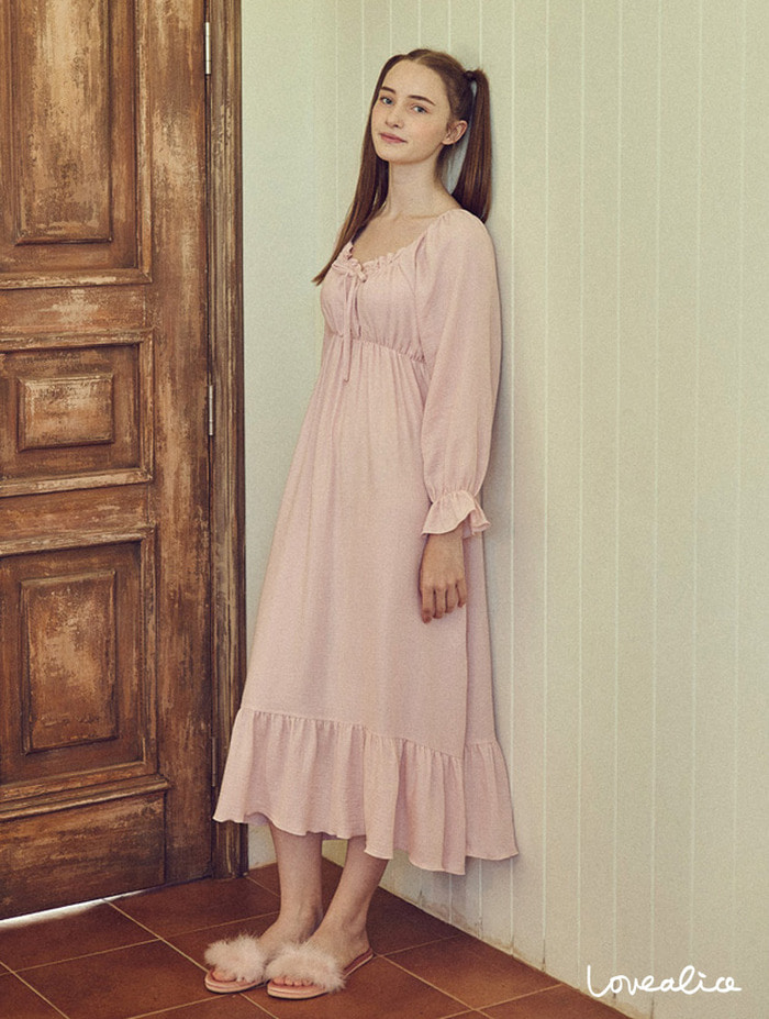 (여성) 에밀리 면레이온 긴팔원피스 잠옷 핑크
