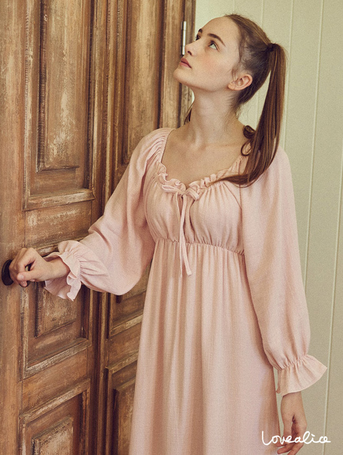 (여성) 에밀리 면레이온 긴팔원피스 잠옷 핑크