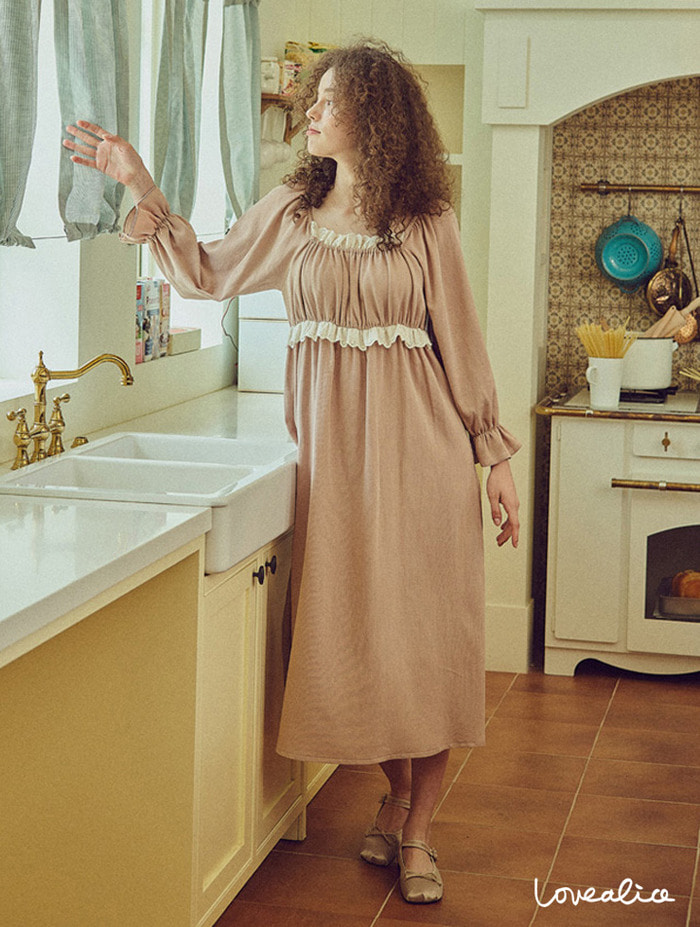 (여성) 릴리안 바이오가공 면 긴팔원피스잠옷 핑크브라운