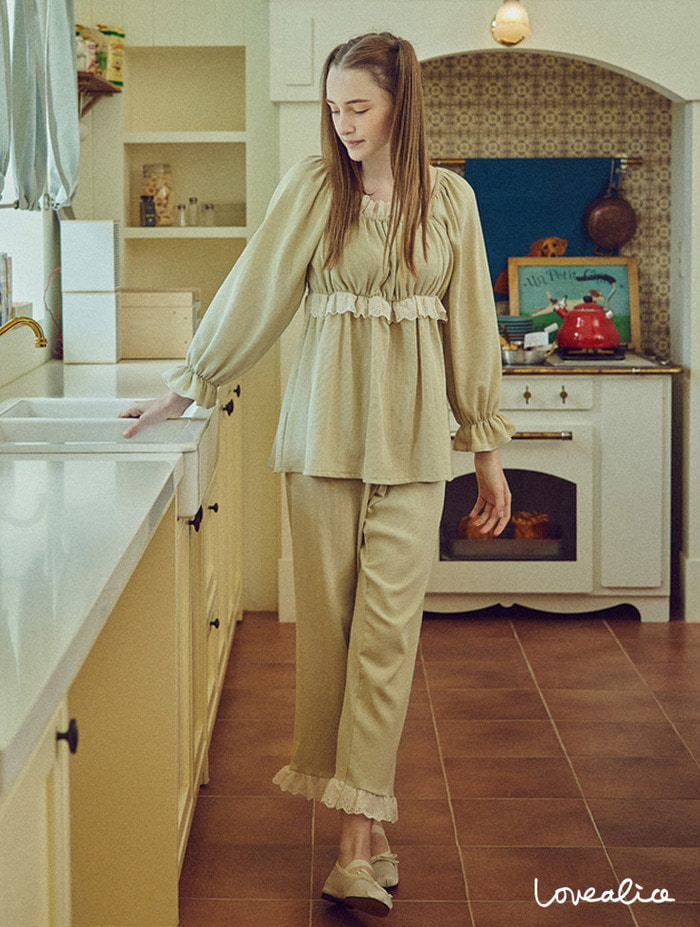 (여성) 릴리안 바이오가공 면 긴팔상하 잠옷 카키