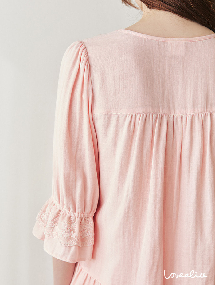 (여성) 플랑 면레이온 이중지 7부소매 원피스잠옷 핑크