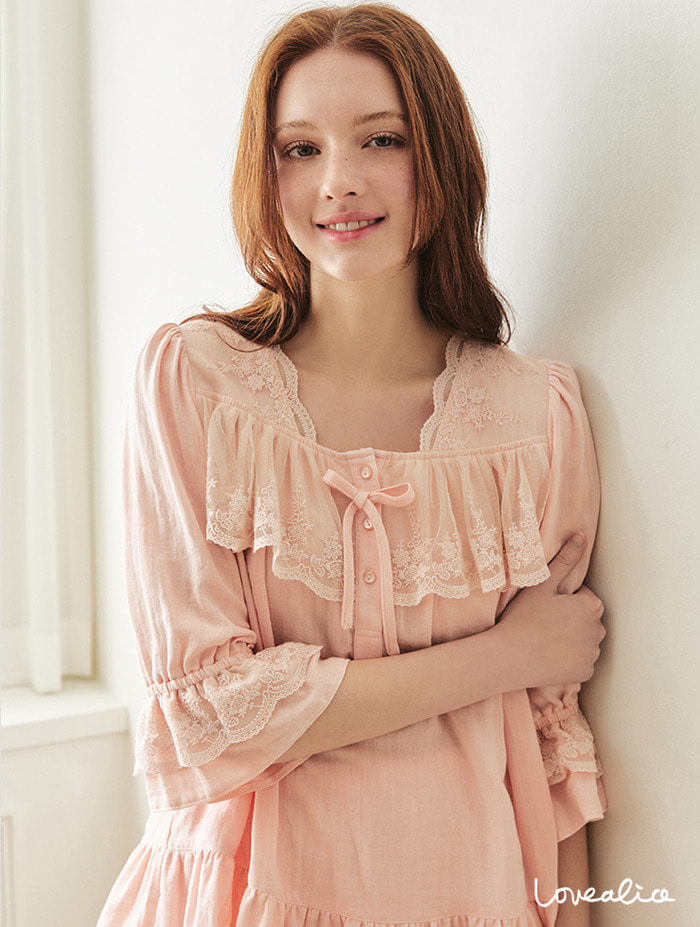(여성) 플랑 면레이온 이중지 7부소매 원피스잠옷 핑크