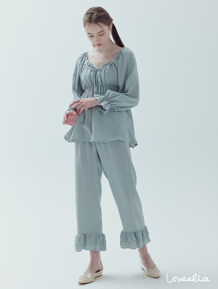 (여성) 에밀리 코튼레이온 긴팔상하 잠옷 민트