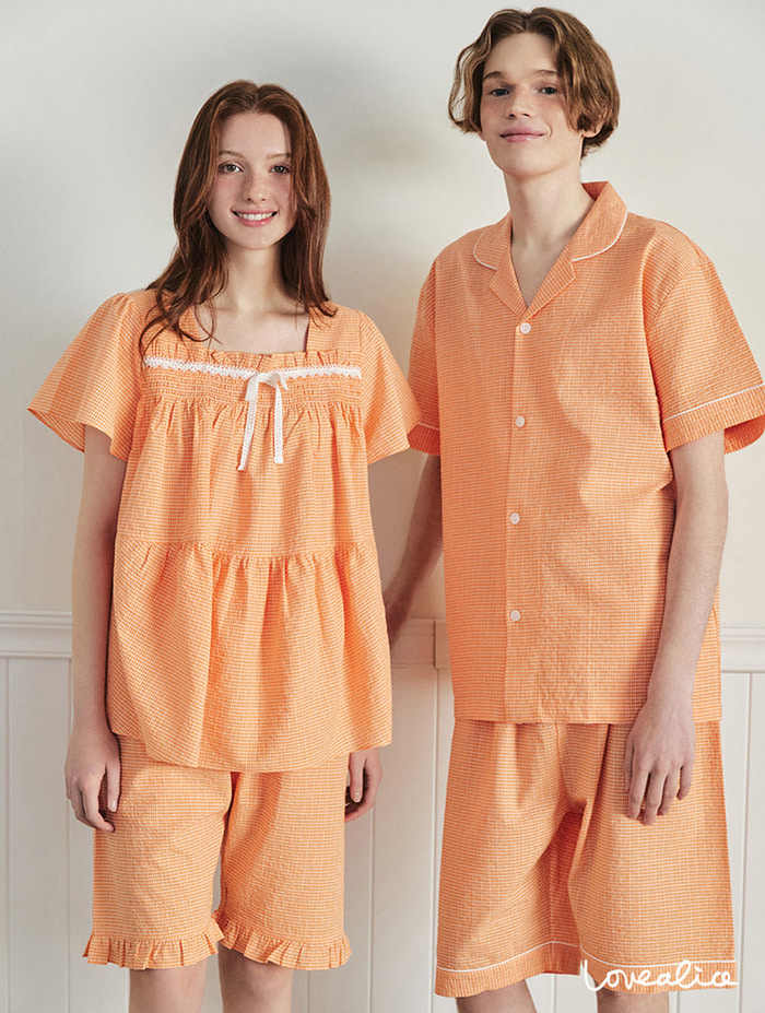 (커플) 오렌지에이드 선염면카비링 반팔상하 커플잠옷