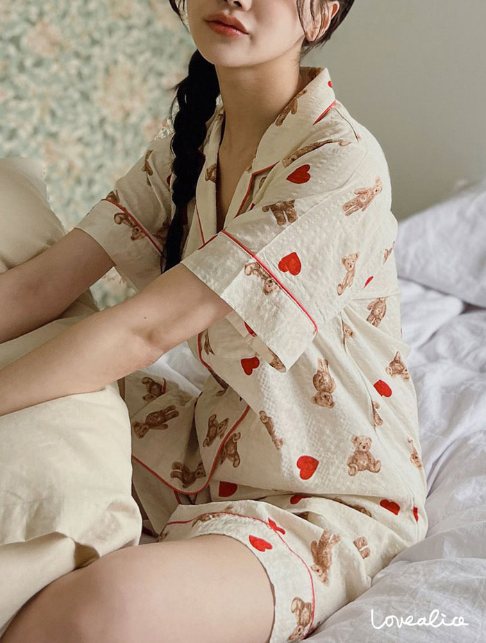 (여성) 하트베어 면레이온 카라 반팔상하 잠옷