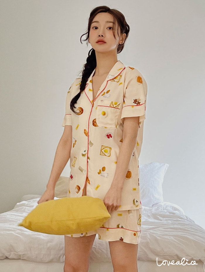(커플) 브런치 레이온 카라 반팔상하 커플 잠옷