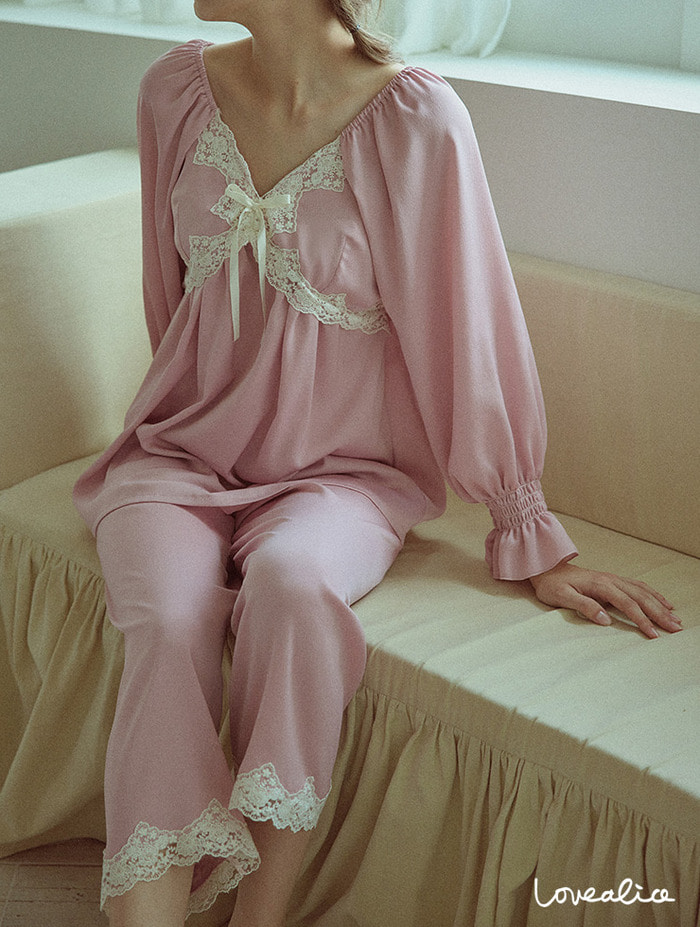 (여성) 로레인 샤머즈 브이넥 긴팔상하 잠옷 핑크