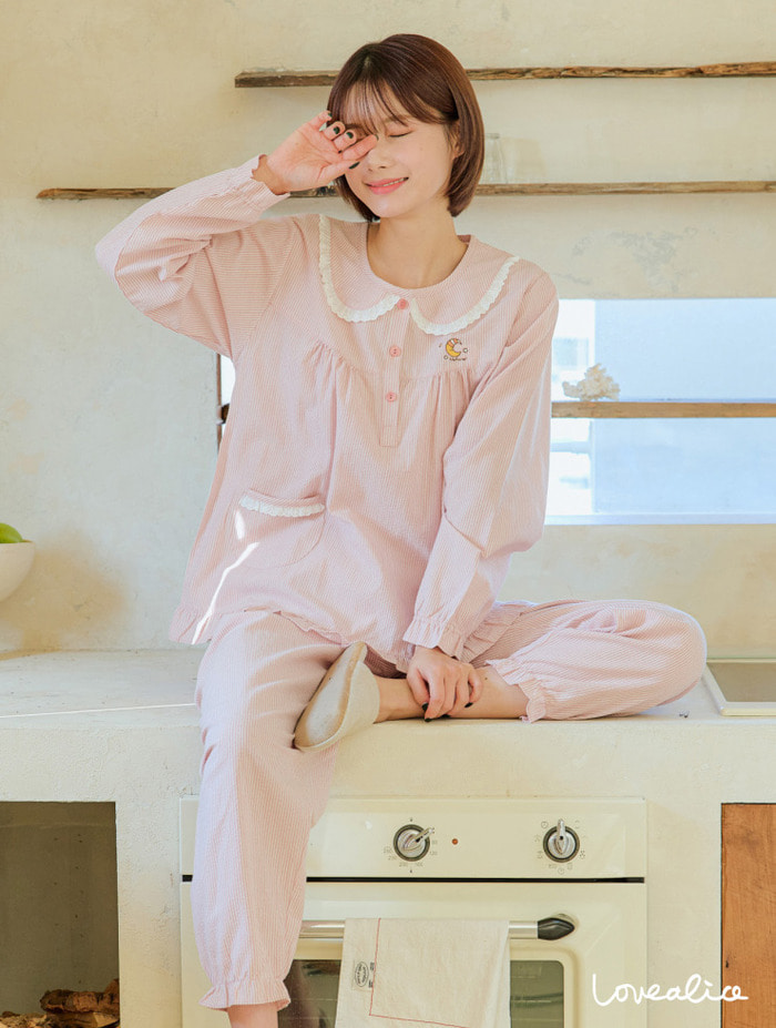 (여성) 엘리제 면혼방 긴팔상하 잠옷 핑크
