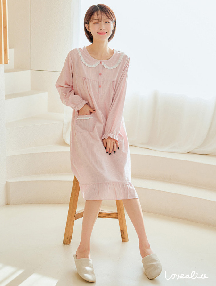 (여성) 엘리제 면혼방 긴팔원피스 잠옷 핑크