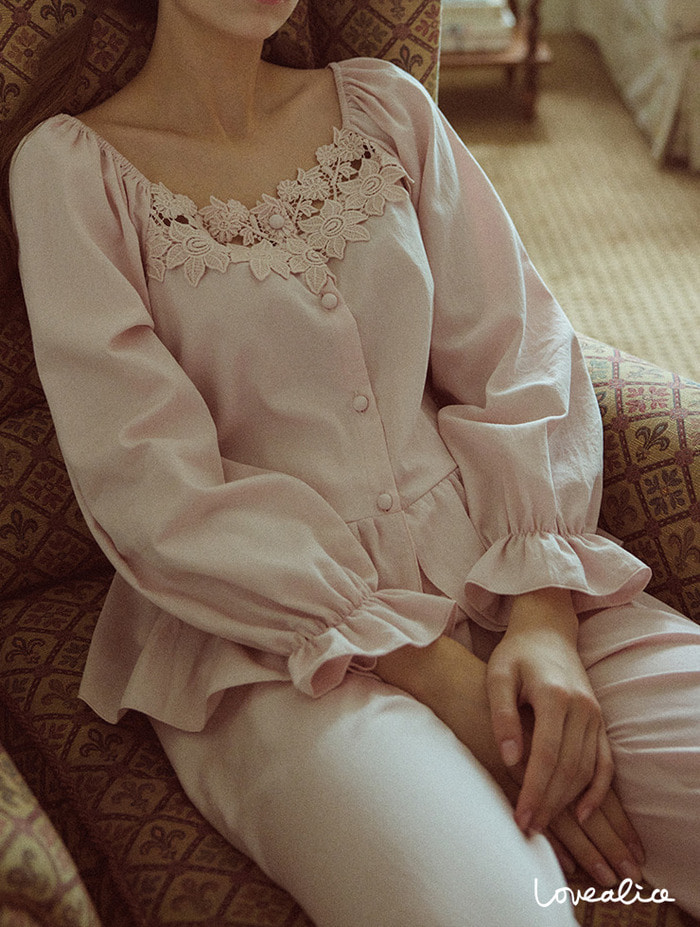 (여성) 클레멘타인 순면 긴팔상하 잠옷 핑크