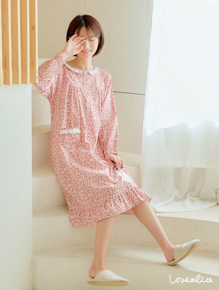 (여성) 드로잉꽃 고밀도면 긴팔원피스 잠옷 핑크