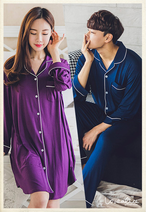 (커플) 도브모달 롱셔츠 상하 커플잠옷 네이비 퍼플
