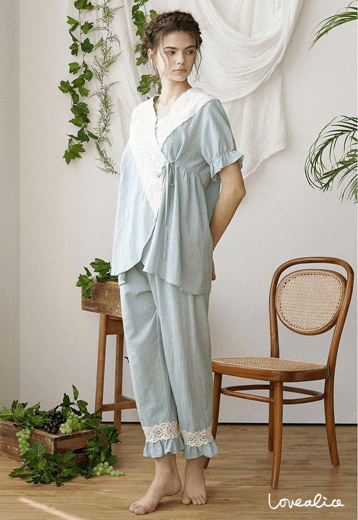 (여성) 가을향기 반팔긴바지 여자잠옷 민트