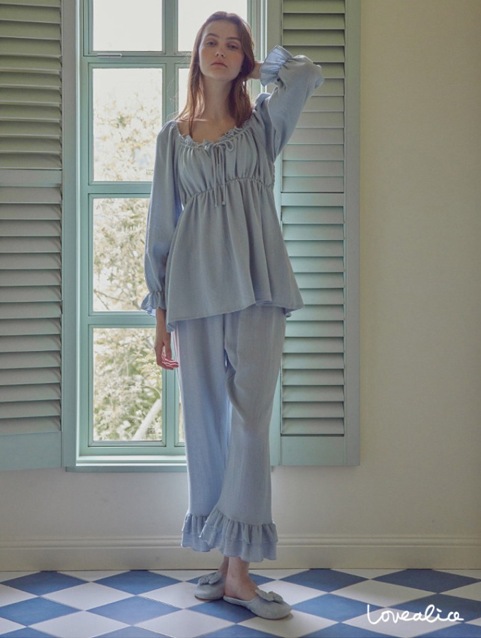 (여성) 에밀리 면레이온 긴팔상하 잠옷 블루