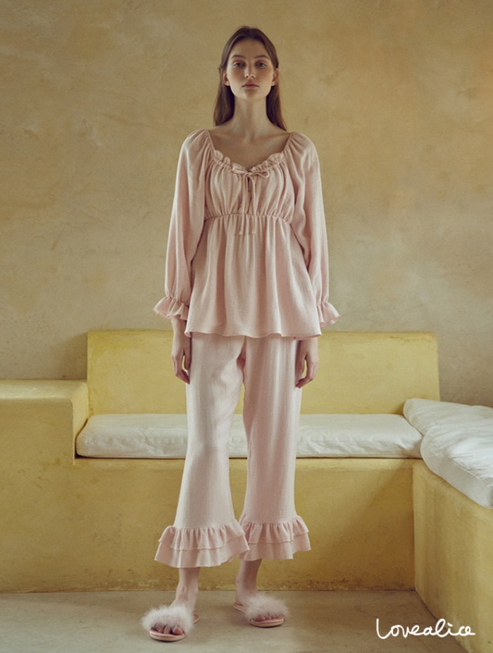 (여성) 에밀리 면레이온 긴팔상하 잠옷 핑크