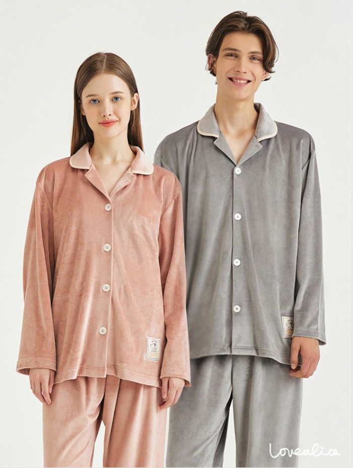 (커플) 윈터타임 스판극세사 수면 카라긴팔상하 커플잠옷