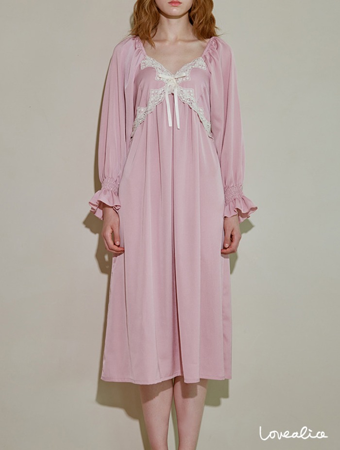 (여성) 로레인 샤머즈 브이넥 긴팔원피스 잠옷 핑크