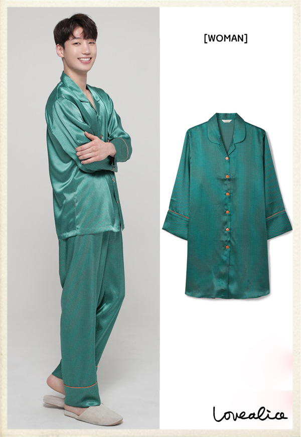 (sale/커플) 그리너리 샤머즈 긴소매 원피스 커플잠옷