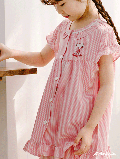 (여아동) 스누피 미니체크 면혼방 반팔상하 아동잠옷