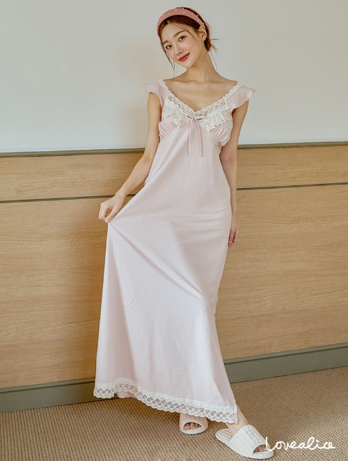 (여성) 파스텔 폴리스판 민소매 롱 원피스잠옷 핑크
