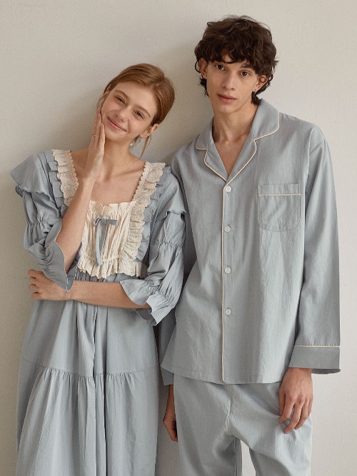 (커플) 쟌느 워싱코튼 스퀘어넥 7부소매원피스 커플잠옷